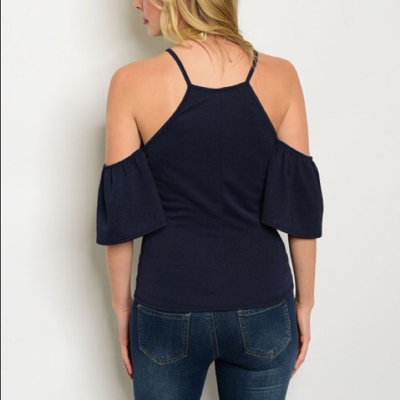 Cold Shoulder Ruffle Blue Top - Picture 2 of 4